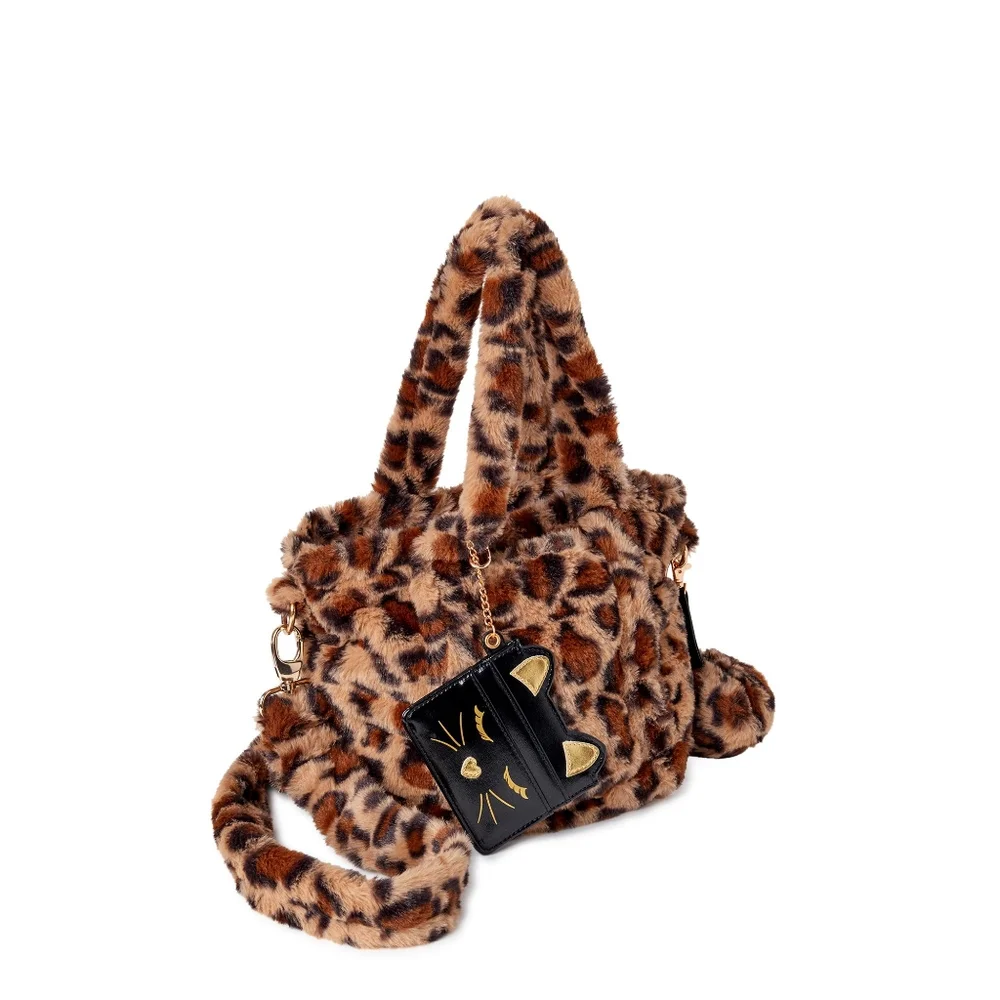 NEW Leopard Kitty Vegan Fur Handbag Wallet Pom Pom Keychain 3pc Set